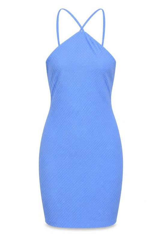 Front view of Miss Selfridge Women's Blue V-Neck Strappy Dress, size 8