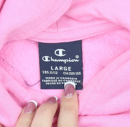 Close-up detail of Champion girls’ pink pullover hoodie, size 11-12, years