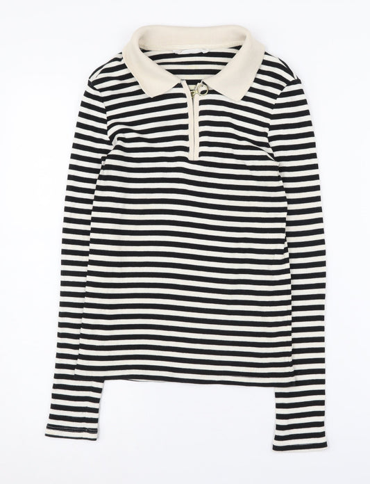 MNG Women's Black Striped Full Zip Collared Jumper