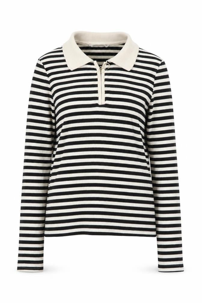 MNG Women's Black Striped Full Zip Collared Jumper