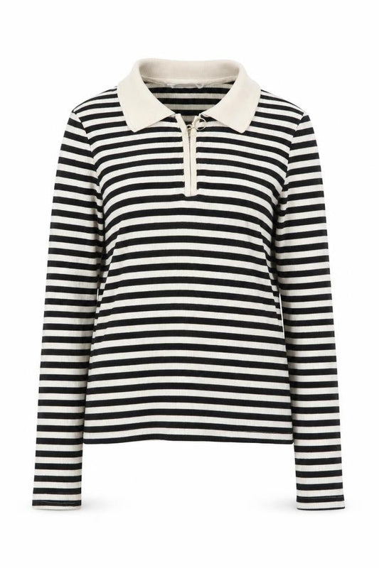 Mango Women's Black Striped Full Zip Collared Jumper