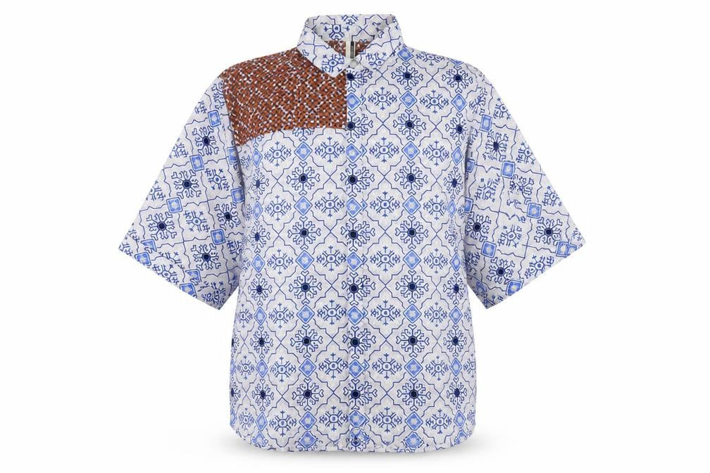 Topshop Women's Blue Geometric Button-Up Shirt, Size 10
