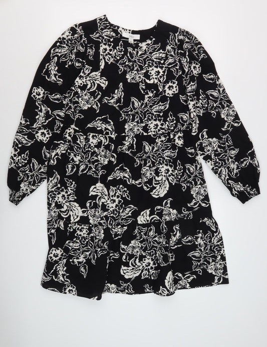 Marks and Spencer Floral Shift Dress, Size 10, Black, Long Sleeve