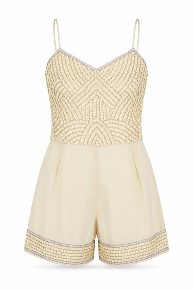 TFNC Women's Beige Playsuit, Size S, Beaded Party Wear