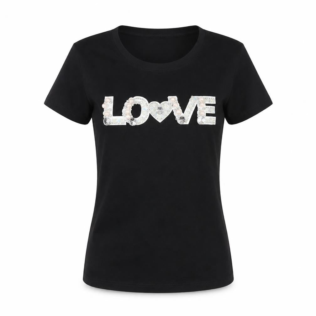 LULU WHITE Women's Black Beaded 'LOVE' T-Shirt L/XL Casual
