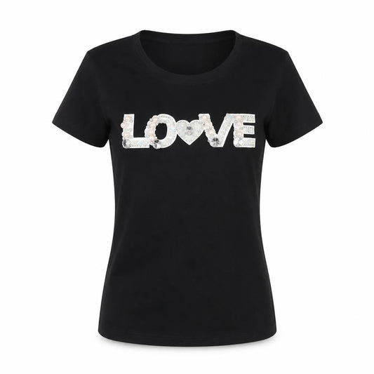 LULU WHITE Women's Black Beaded 'LOVE' T-Shirt L/XL Casual