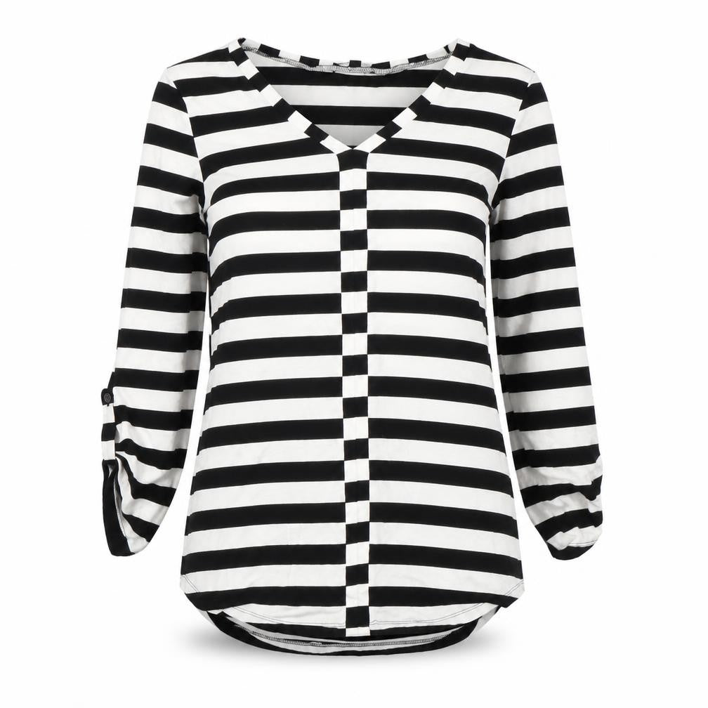 Cabe & Gauge Women's M Black Striped V-Neck Blouse