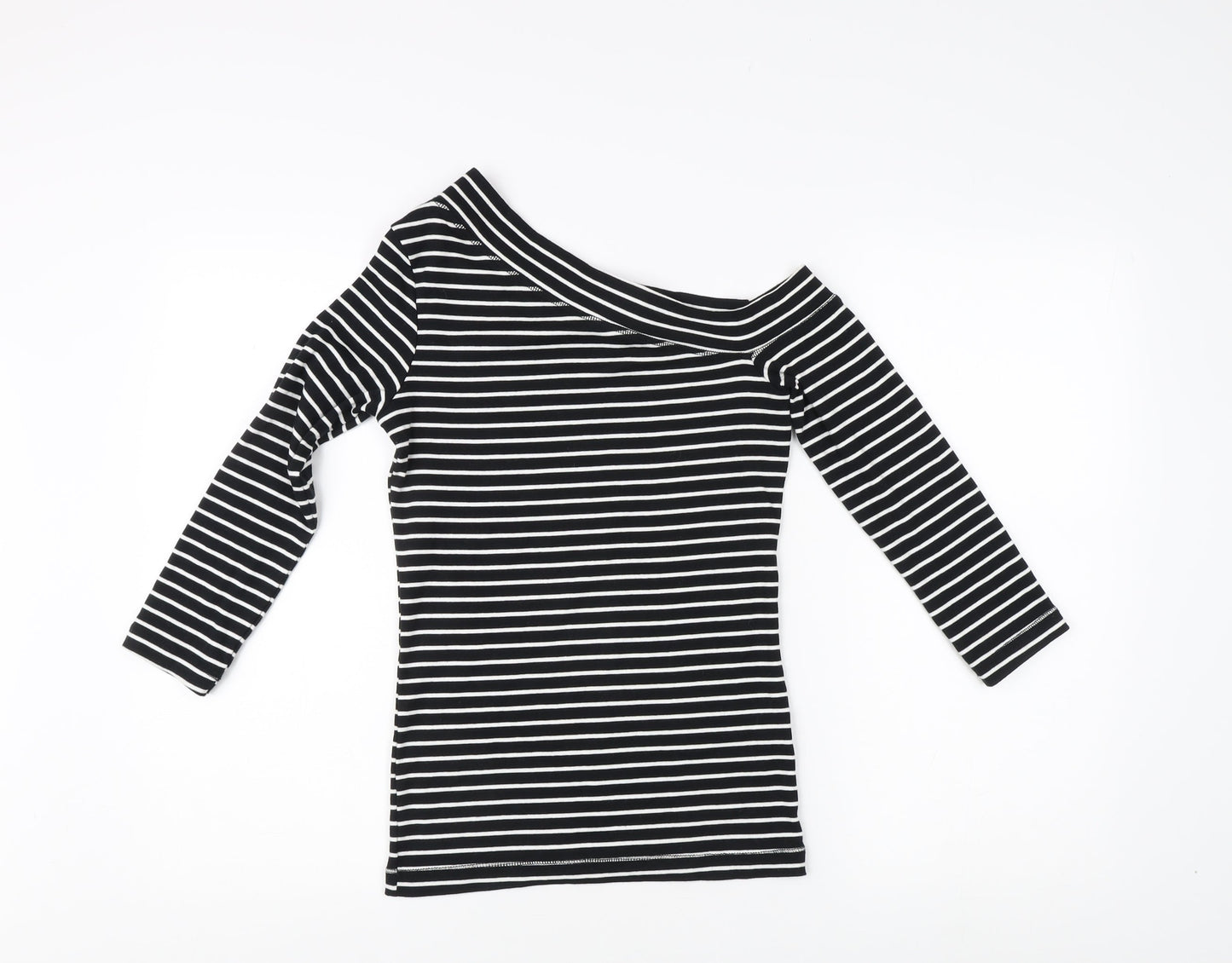 H&M Women's Black Striped T-Shirt, Size 8, Off Shoulder