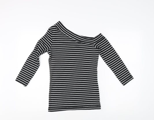 H&M Women's Black Striped T-Shirt, Size 8, Off Shoulder