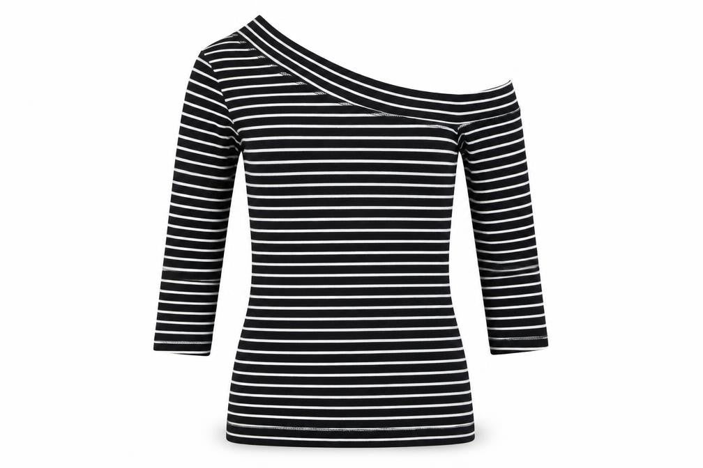 H&M Women's Black Striped T-Shirt, Size 8, Off Shoulder