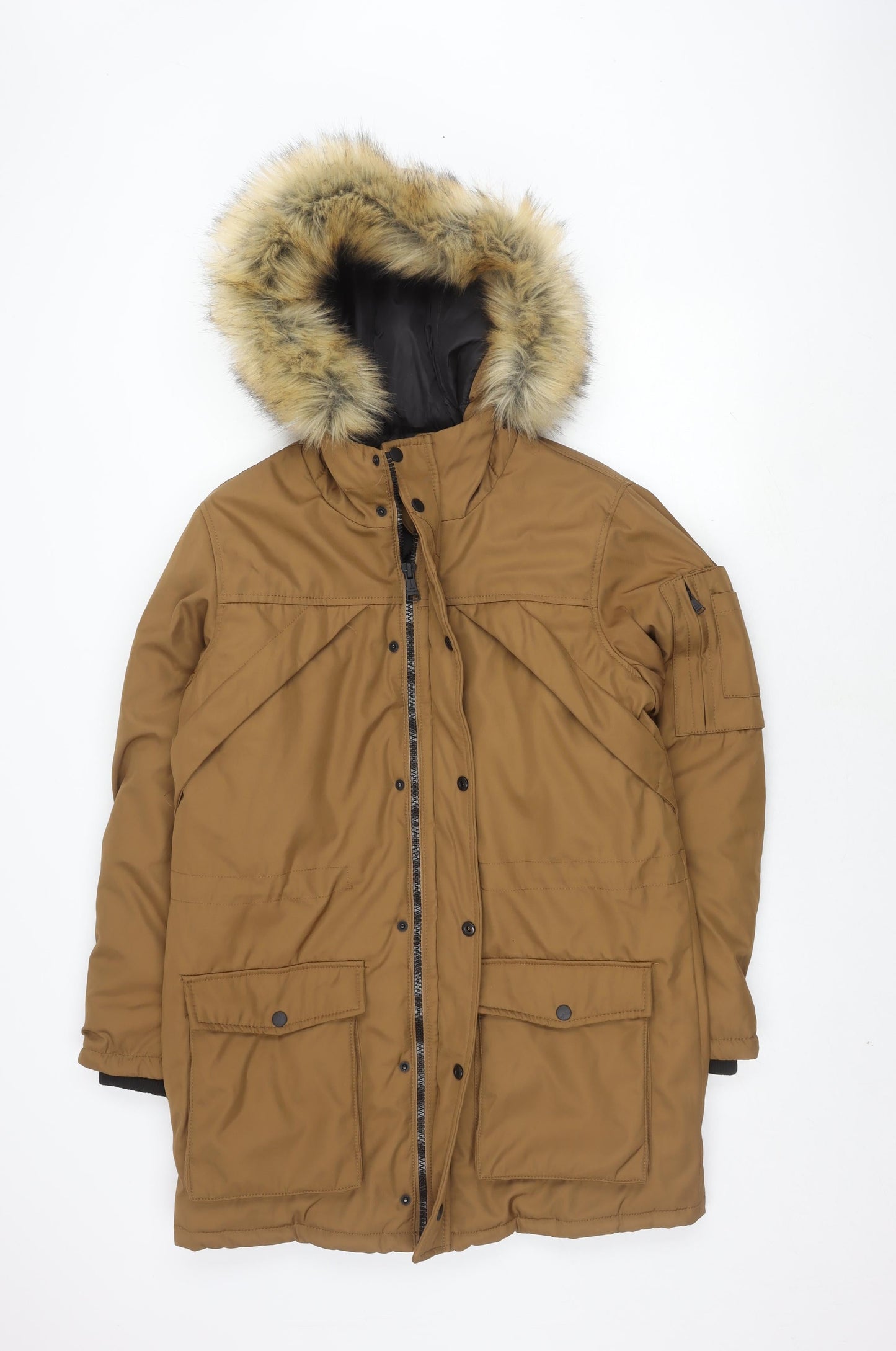 Bershka Men's Brown Parka Jacket S Hooded Winter