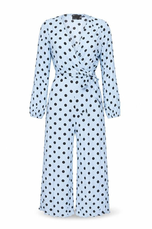 Front view of ASOS Women's Blue Polka Dot Jumpsuit, size 4