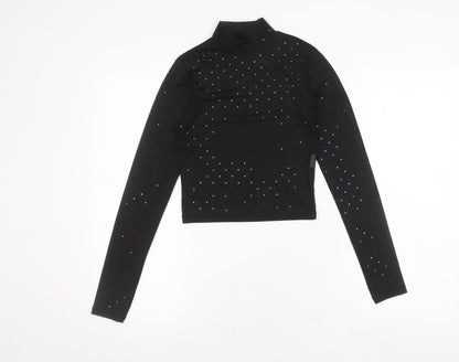 Pull&Bear Women's Black Crop Top Size 2 Long Sleeve