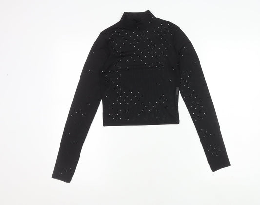 Pull & Bear Women's Black Crop Top Size 2 Long Sleeve