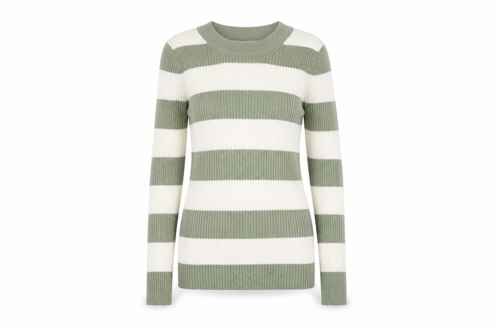 Pull & Bear Women's Green Striped Knit T-Shirt, S