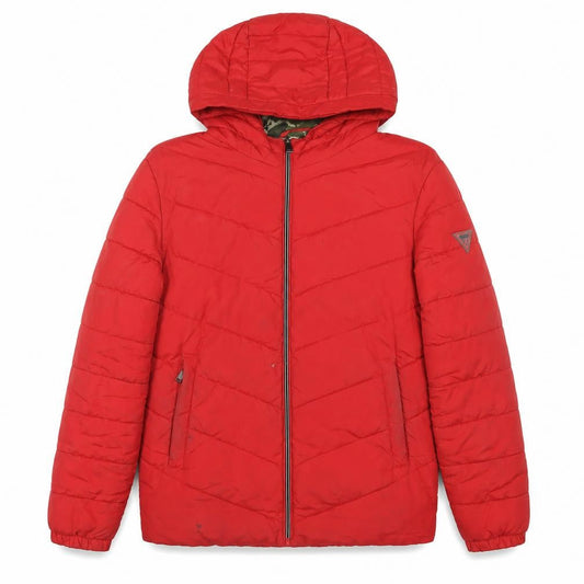 Guess Men's Red Puffer Jacket M Hooded Casual