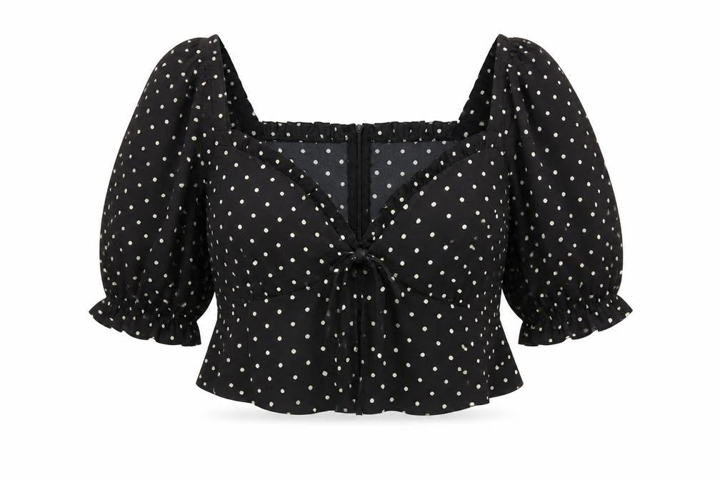 Brave Soul Women's Black Polka Dot Cropped Blouse - L