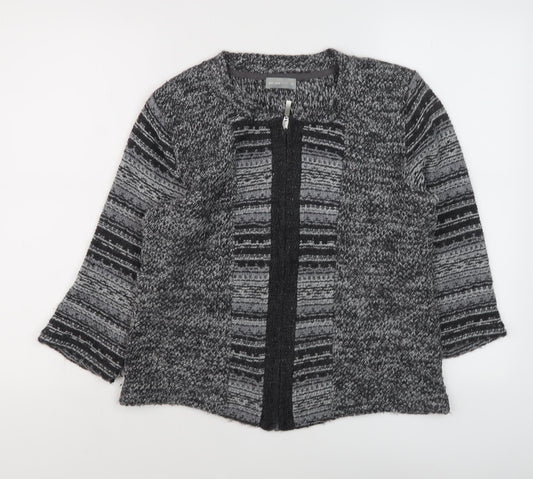 Marks and Spencer Women's Grey Striped Full Zip Jumper M
