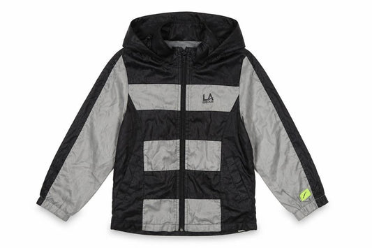 Front view of LA Gear boys’ black grey windbreaker jacket, size 110