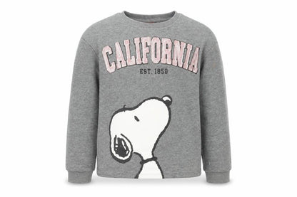 Front view of Peanuts girls’' grey snoopy sweatshirt, 9 years, pullover style