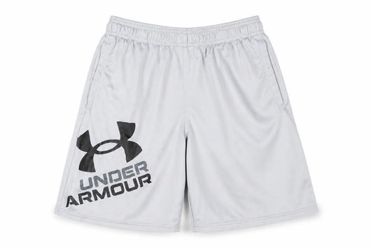 Front view of Under Armour boys’ grey athletic shorts, size M