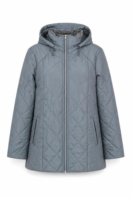 Front view of Anne de Lancay Women's Blue Quilted Mid-Length Jacket M