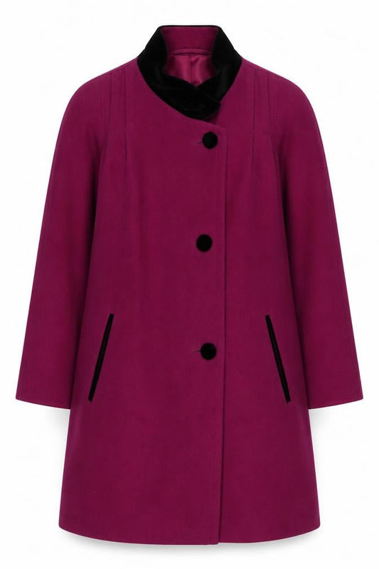 Front view of C&A Women's Purple Wool Coat, size 12, Button Closure