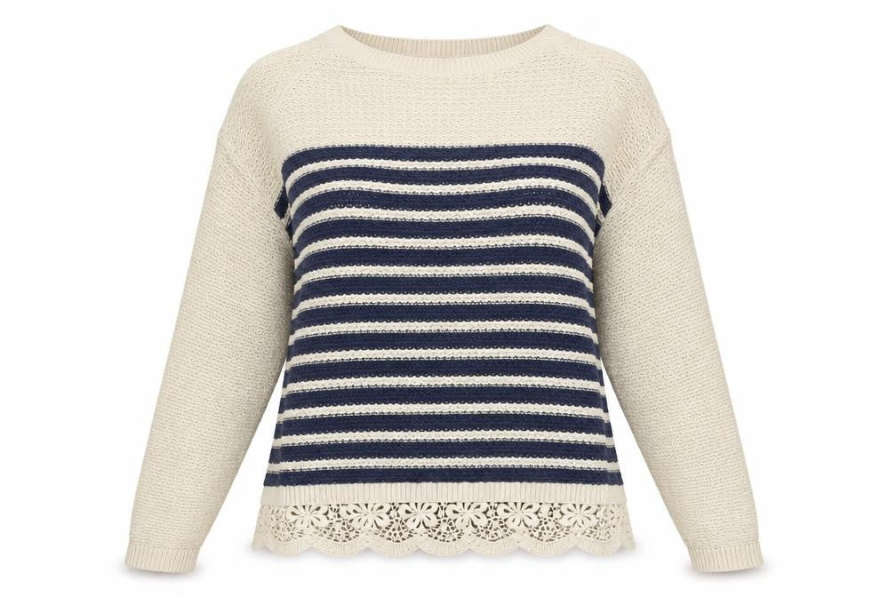 FatFace Women's Ivory Crochet Striped Pullover Jumper, Size 8