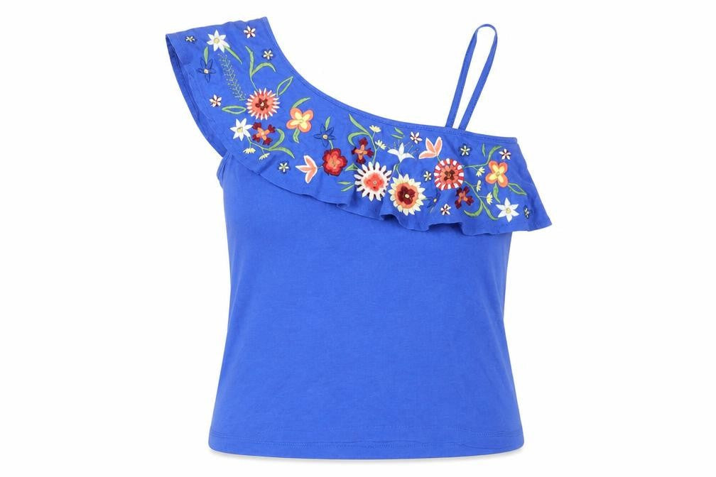 Next Blue One Shoulder Ruffle Tank - UK 10, Embroidered