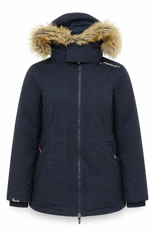 Superdry Women's Black Parka, Size L, Hooded & Fur Trim