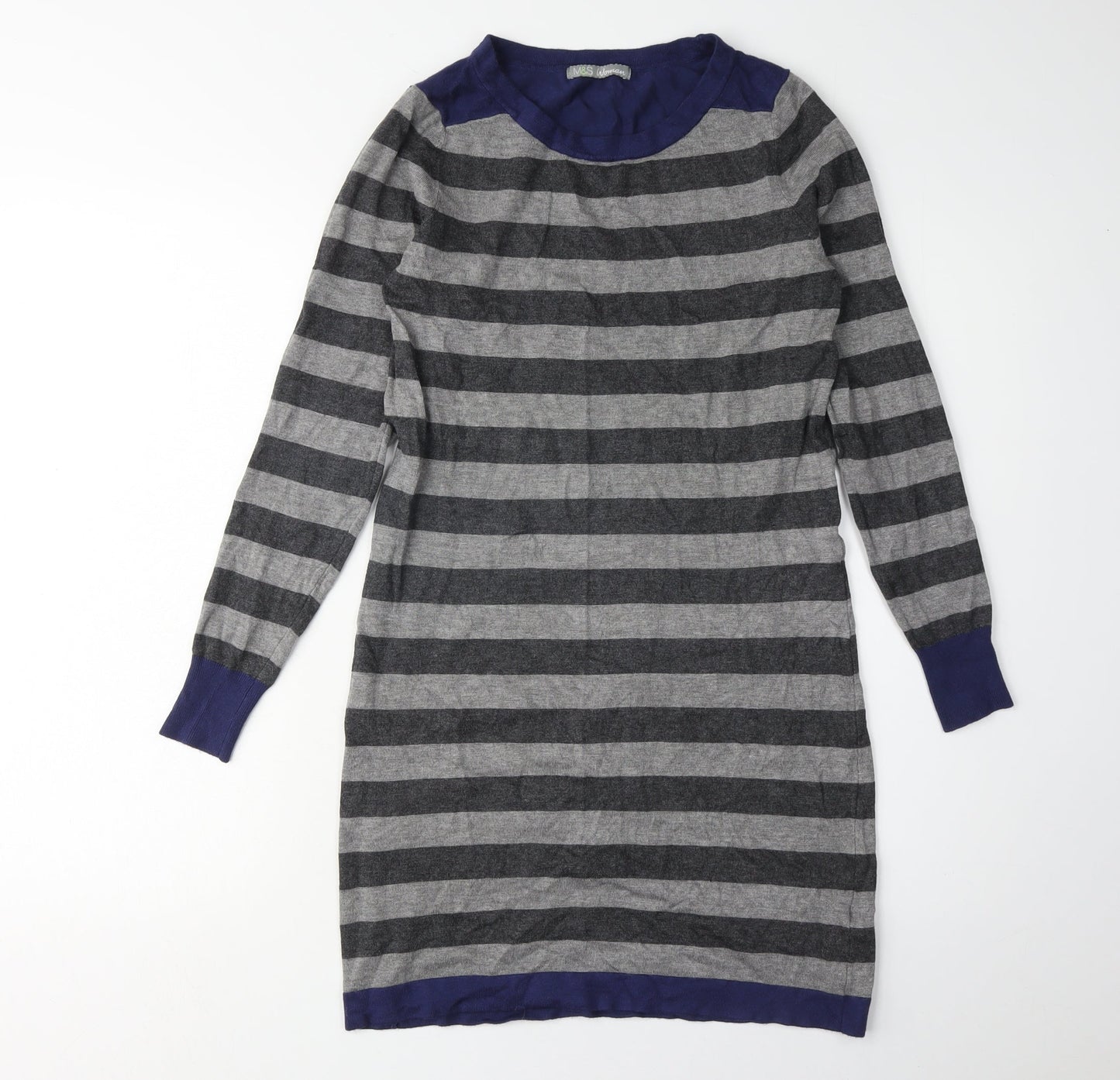 Marks and Spencer Women's Grey Blue Striped Knit Dress, Size 8