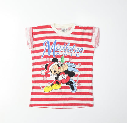 Front view of Disney girls’ red striped mickey mouse christmas t-shirt, 9-10 years
