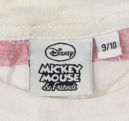 Close-up detail of Disney girls’ red striped mickey mouse christmas t-shirt, 9-10 years
