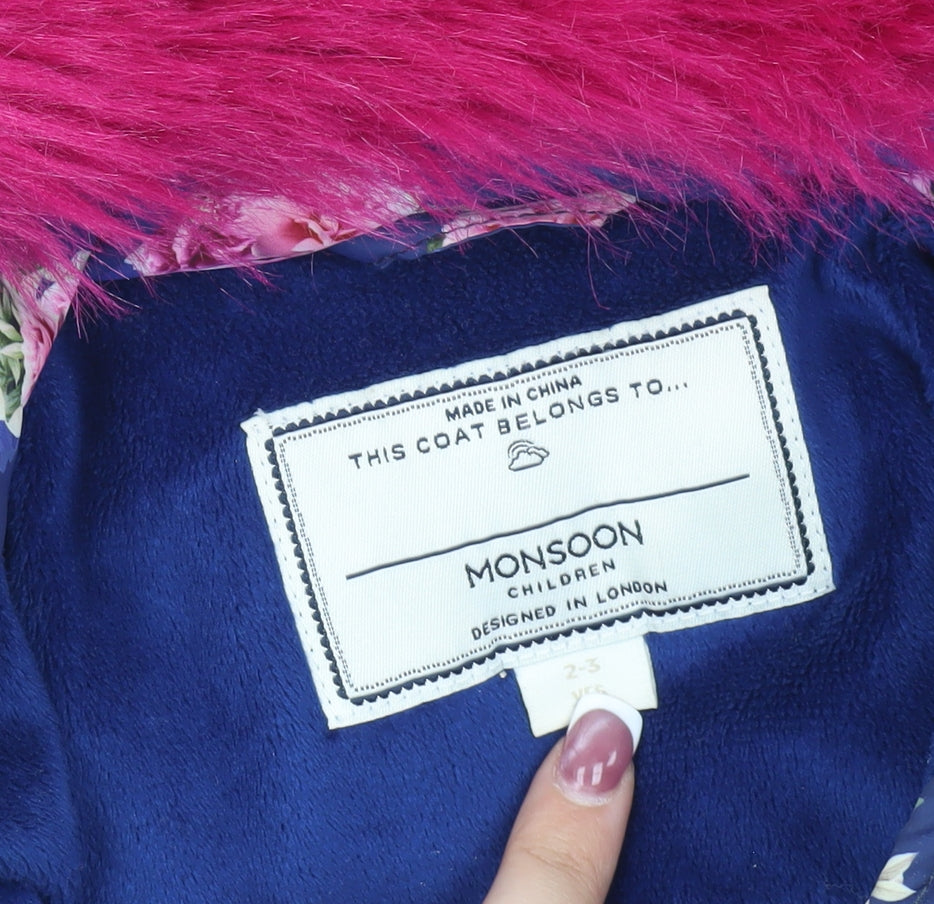 Monsoon Girls Blue Floral Puffer Coat 2-3 Years with Fur Trim