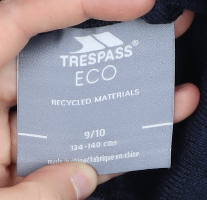 Brand and care label for Trespass boys’ blue jacket, eco-friendly, 9-10 years