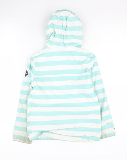 Back view of Regatta girls’ blue striped rain coat, 8 years