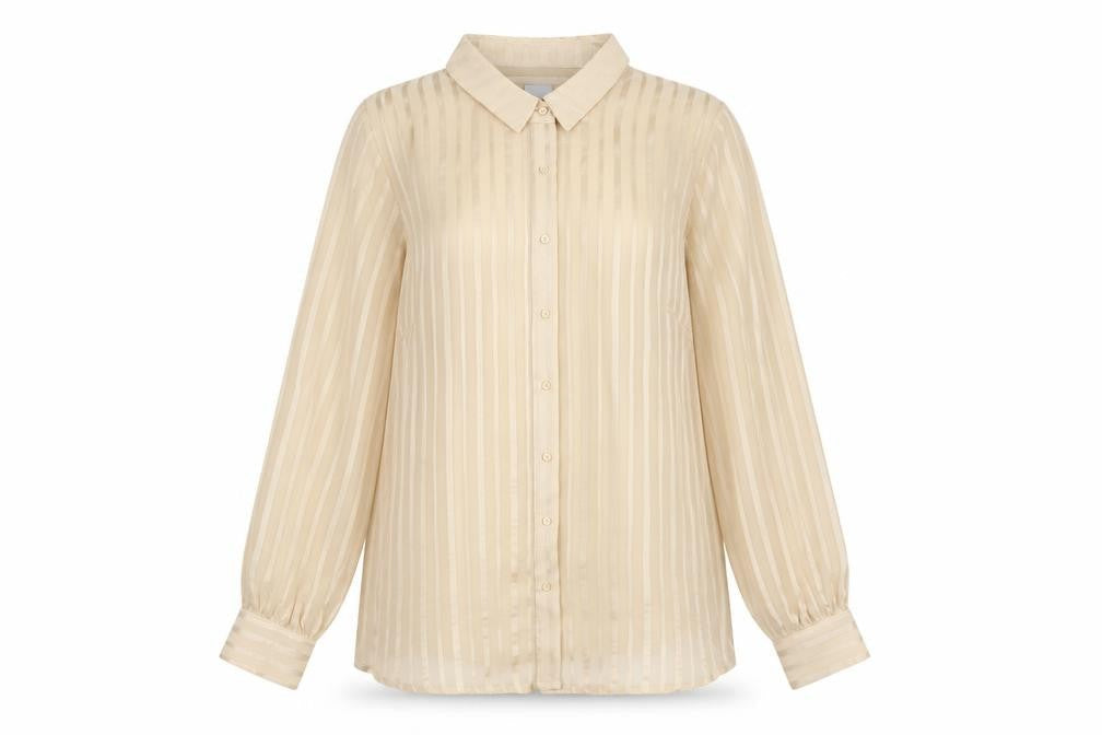 ICHI Women's Beige Striped Button-Up Shirt L