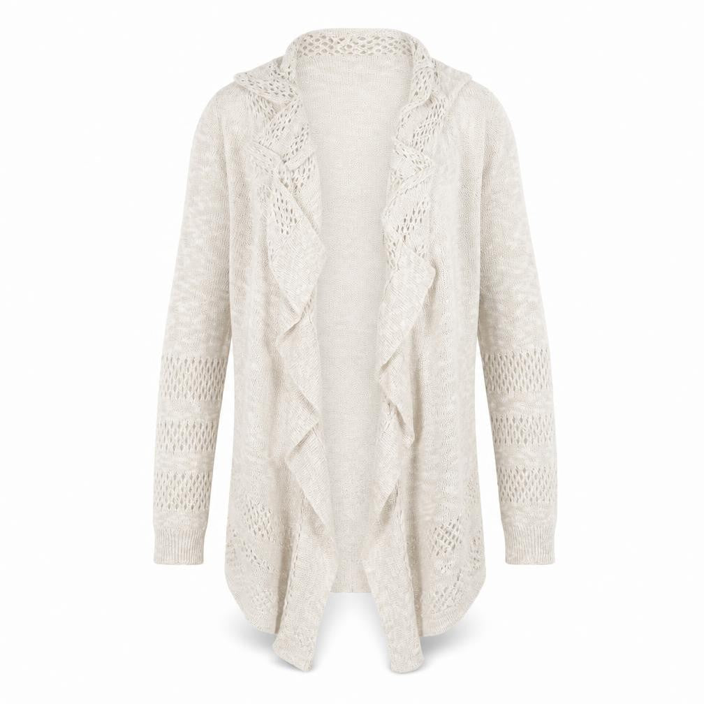 Emoi Women's Ivory XL Open-Knit Ruffle Open Front Cardigan