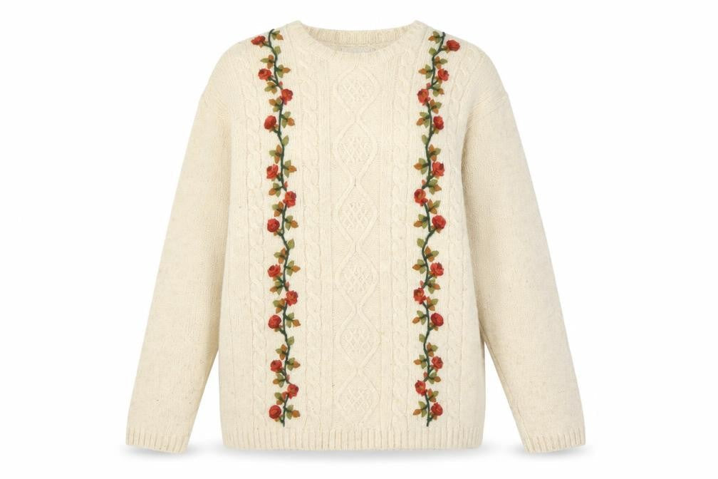 Jumper Women's Beige Wool Cable-Knit Floral Pullover L