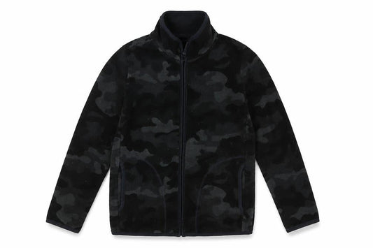 Front view of Uniqlo boys’ black camouflage zip jacket, size 12, years