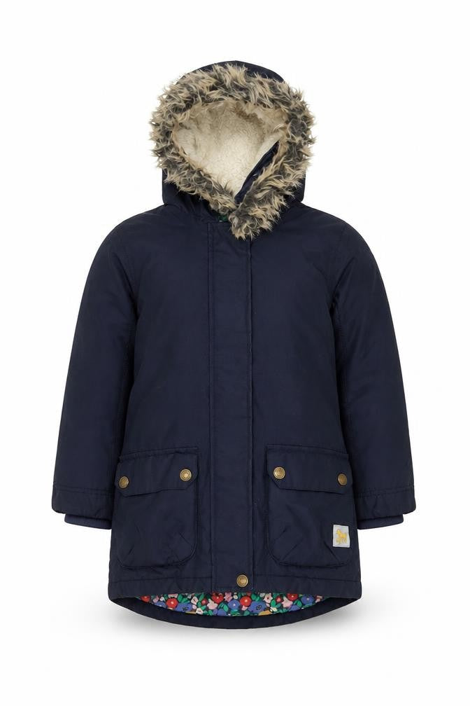 Girls Blue Parka Coat with Faux Fur Hood, Size 7-8 Years