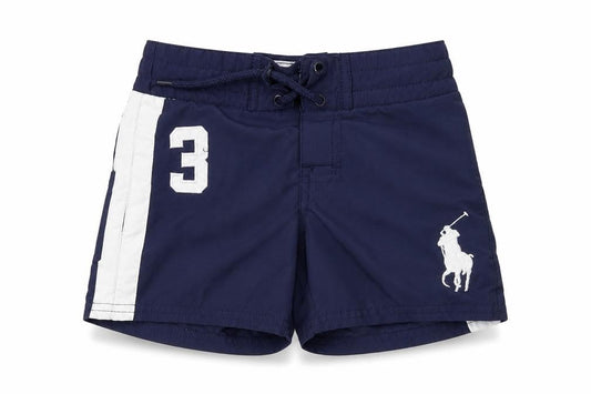 Front view of Polo Ralph Lauren boys’ blue swim trunks, 24 months