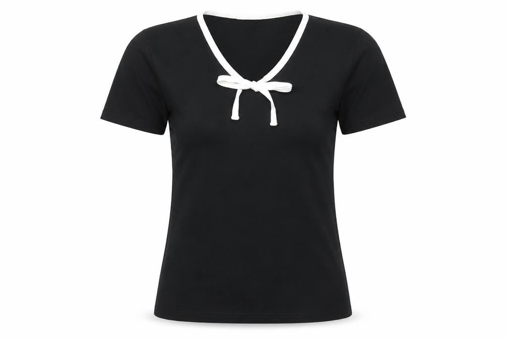 Style by EWM Women's Black M V-Neck Bow T-Shirt