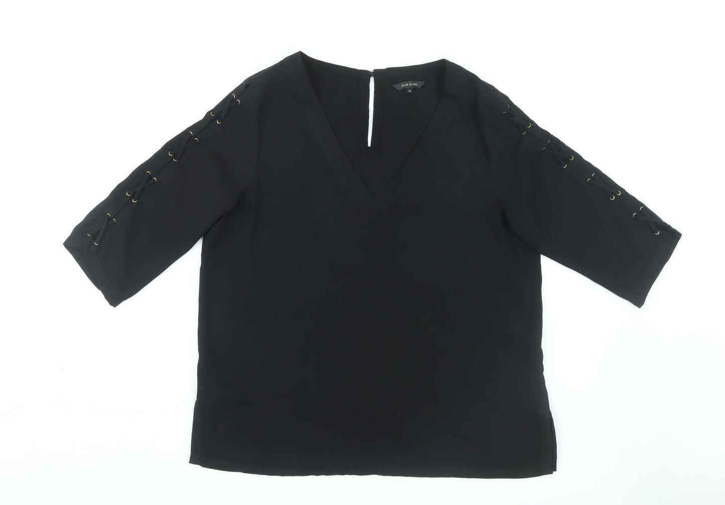 River Island Women's Black 3/4 Sleeve V-Neck Blouse