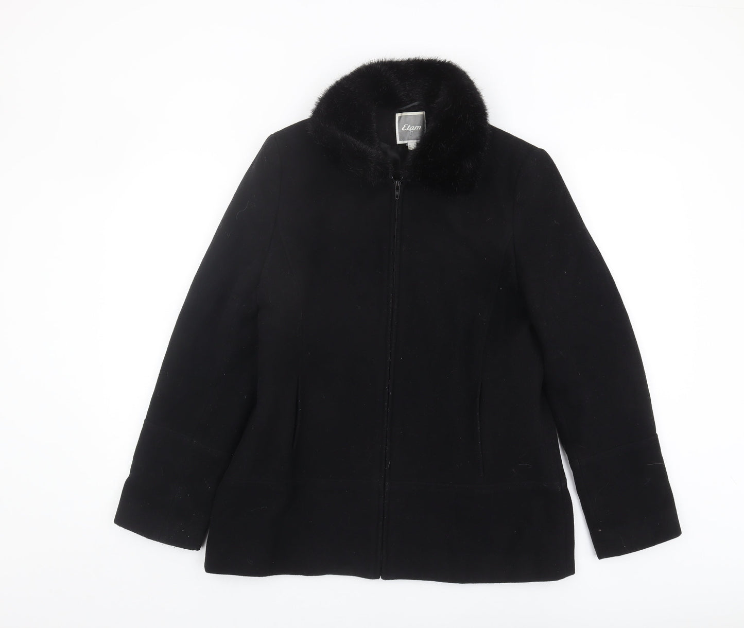 Etam Women's Black Wool Coat, Size 12, Fur Collar