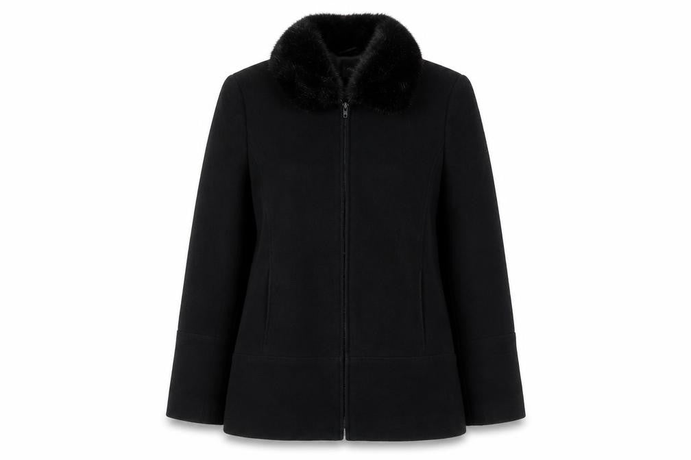Etam Women's Black Wool Coat, Size 12, Fur Collar