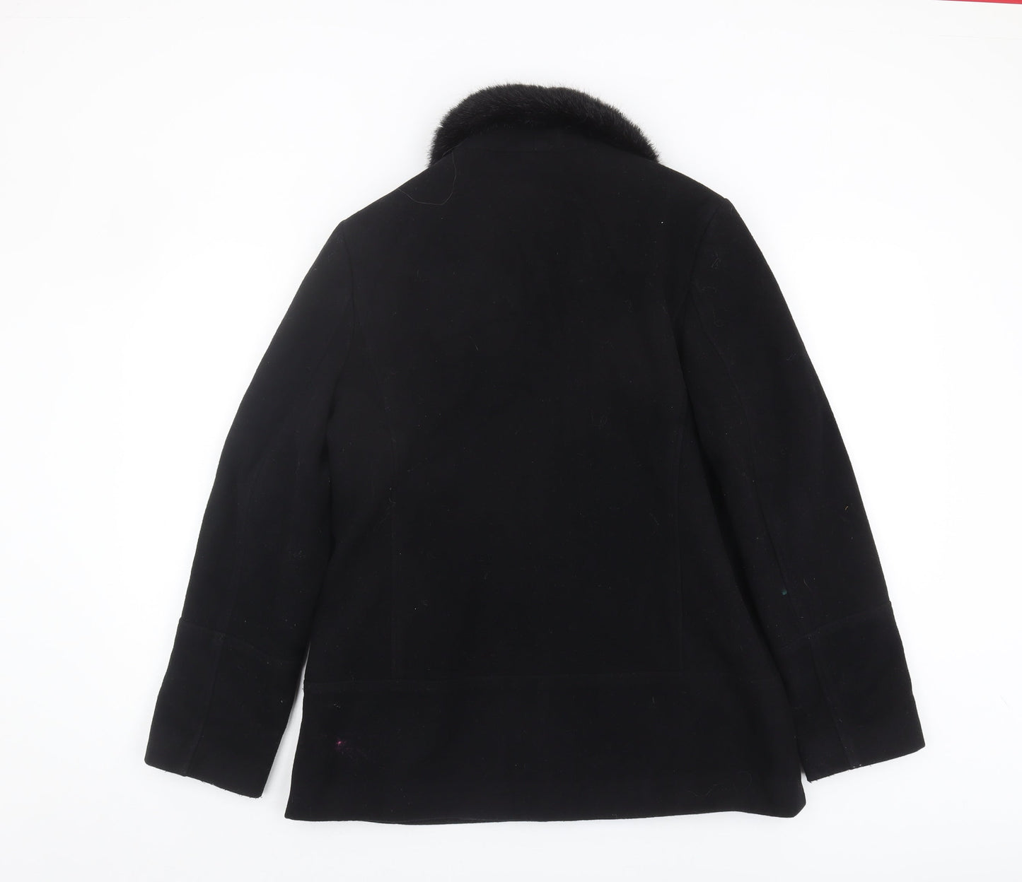 Etam Women's Black Wool Coat, Size 12, Fur Collar
