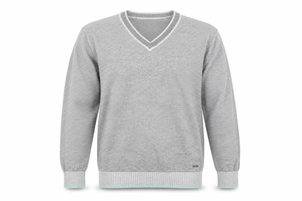 Melka Men's Grey V-Neck Stripe Pullover Jumper M