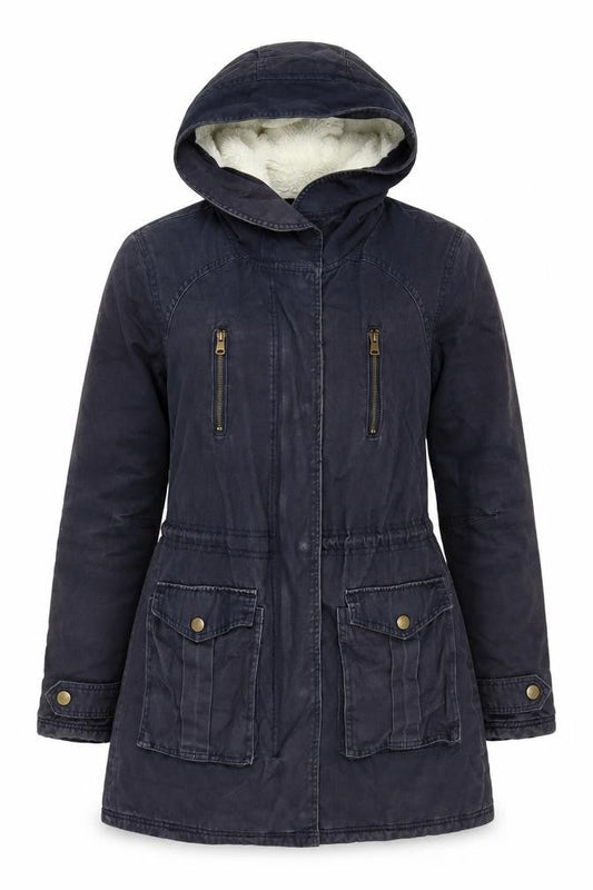 New Look Women's Black Parka Coat Size 8 Hooded Lined