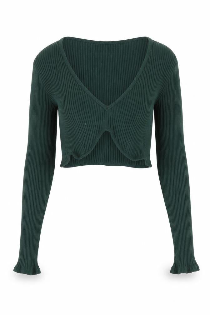 Zara Women's Green Cropped V-Neck Knit Top